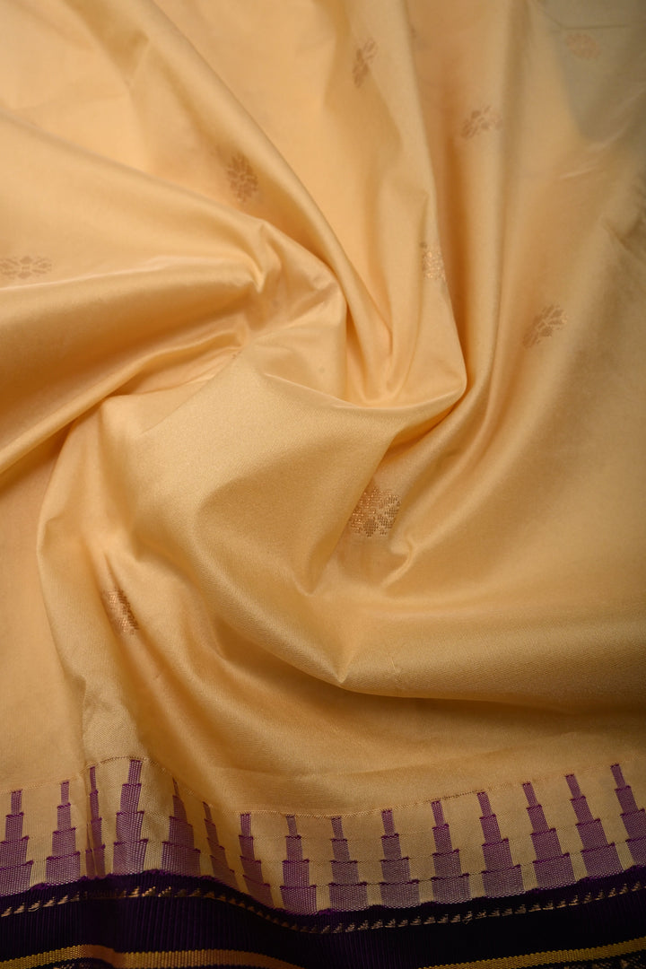 Morning Glory Ilkal Weave Mercerized Bagalkote Cotton Saree with Floral Zari Buttas and Contrast Zari Border | SHOBITAM