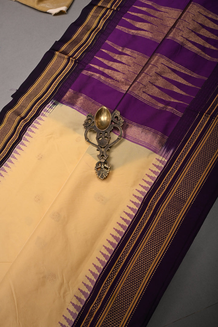 Morning Glory Ilkal Weave Mercerized Bagalkote Cotton Saree with Floral Zari Buttas and Contrast Zari Border | SHOBITAM