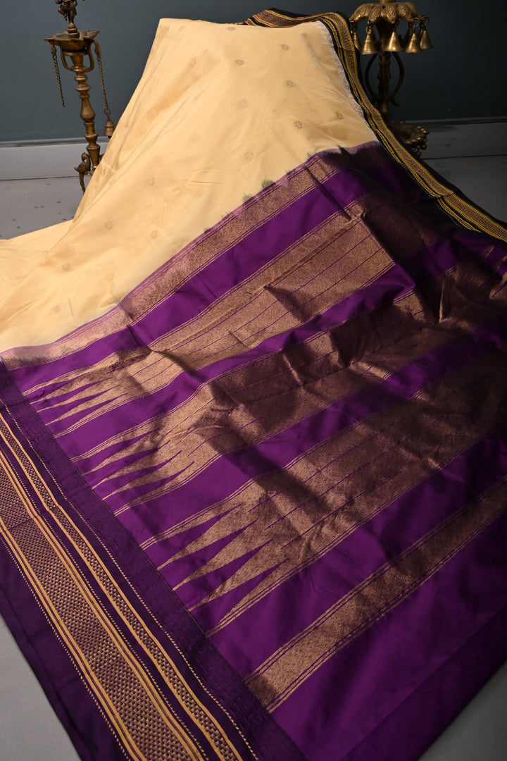Morning Glory Ilkal Weave Mercerized Bagalkote Cotton Saree with Floral Zari Buttas and Contrast Zari Border | SHOBITAM