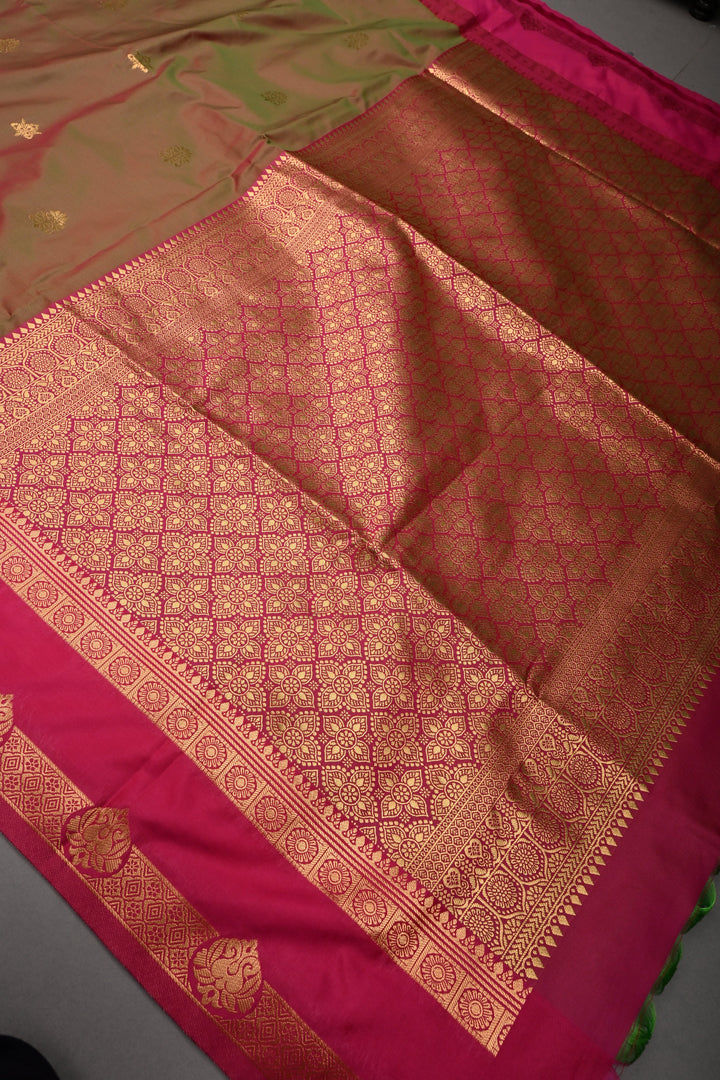 Green-Pink Dual tone Kanchi Semi Silk Saree with Zari Buttas and Contrast Zari Border | SHOBITAM