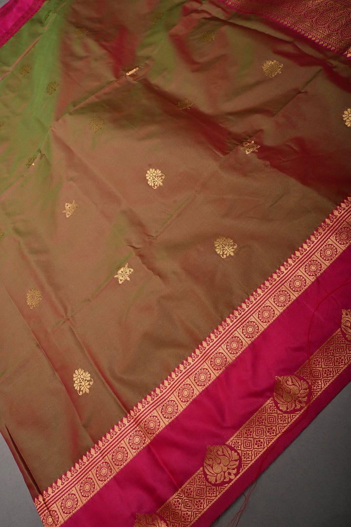 Green-Pink Dual tone Kanchi Semi Silk Saree with Zari Buttas and Contrast Zari Border | SHOBITAM