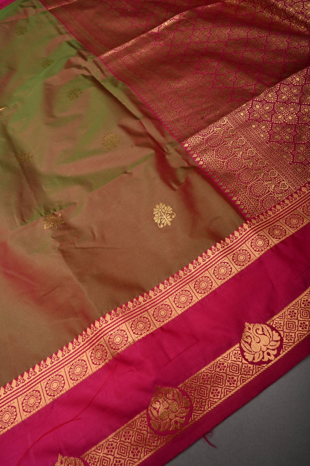 Green-Pink Dual tone Kanchi Semi Silk Saree with Zari Buttas and Contrast Zari Border | SHOBITAM