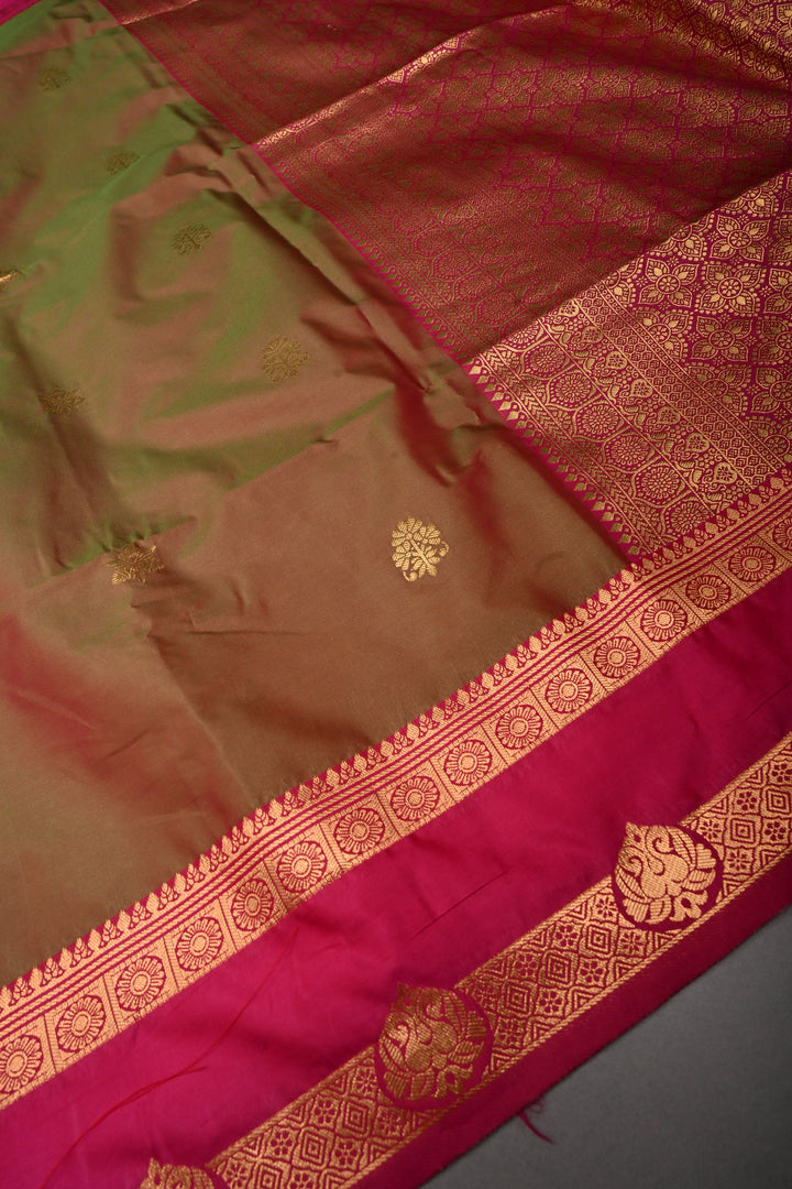 Green-Pink Dual tone Kanchi Semi Silk Saree with Zari Buttas and Contrast Zari Border | SHOBITAM