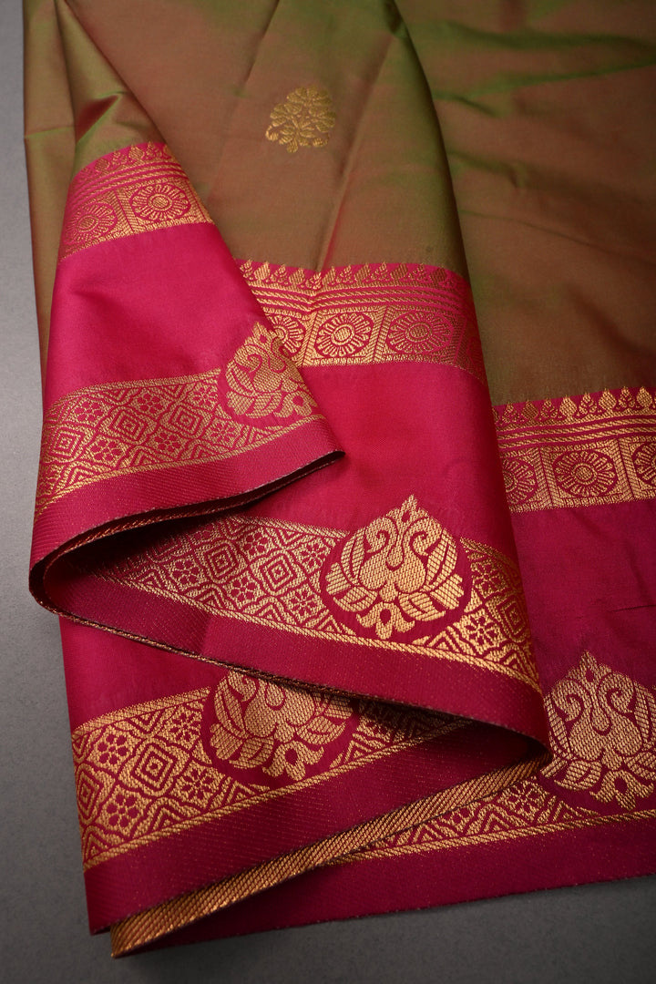 Green-Pink Dual tone Kanchi Semi Silk Saree with Zari Buttas and Contrast Zari Border | SHOBITAM