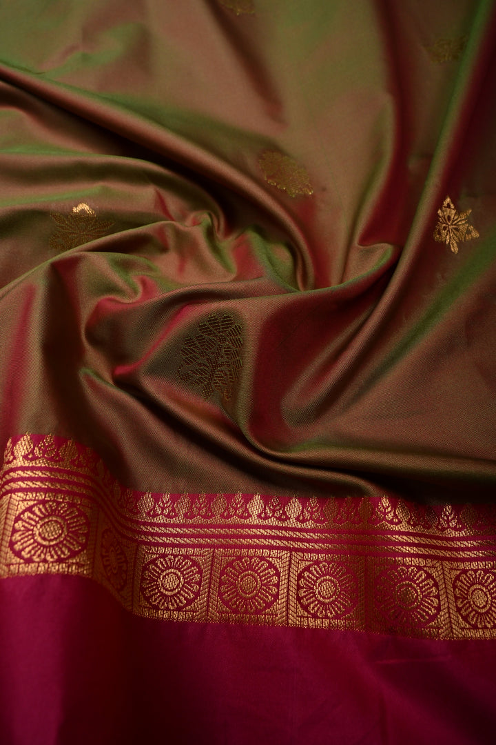 Green-Pink Dual tone Kanchi Semi Silk Saree with Zari Buttas and Contrast Zari Border | SHOBITAM