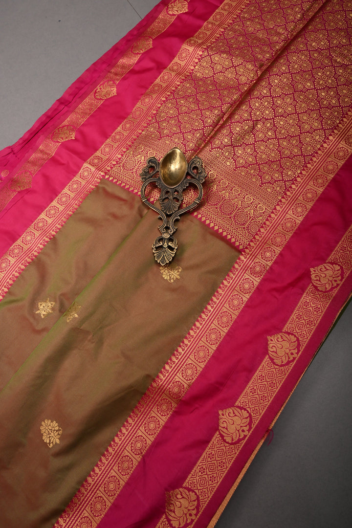 Green-Pink Dual tone Kanchi Semi Silk Saree with Zari Buttas and Contrast Zari Border | SHOBITAM
