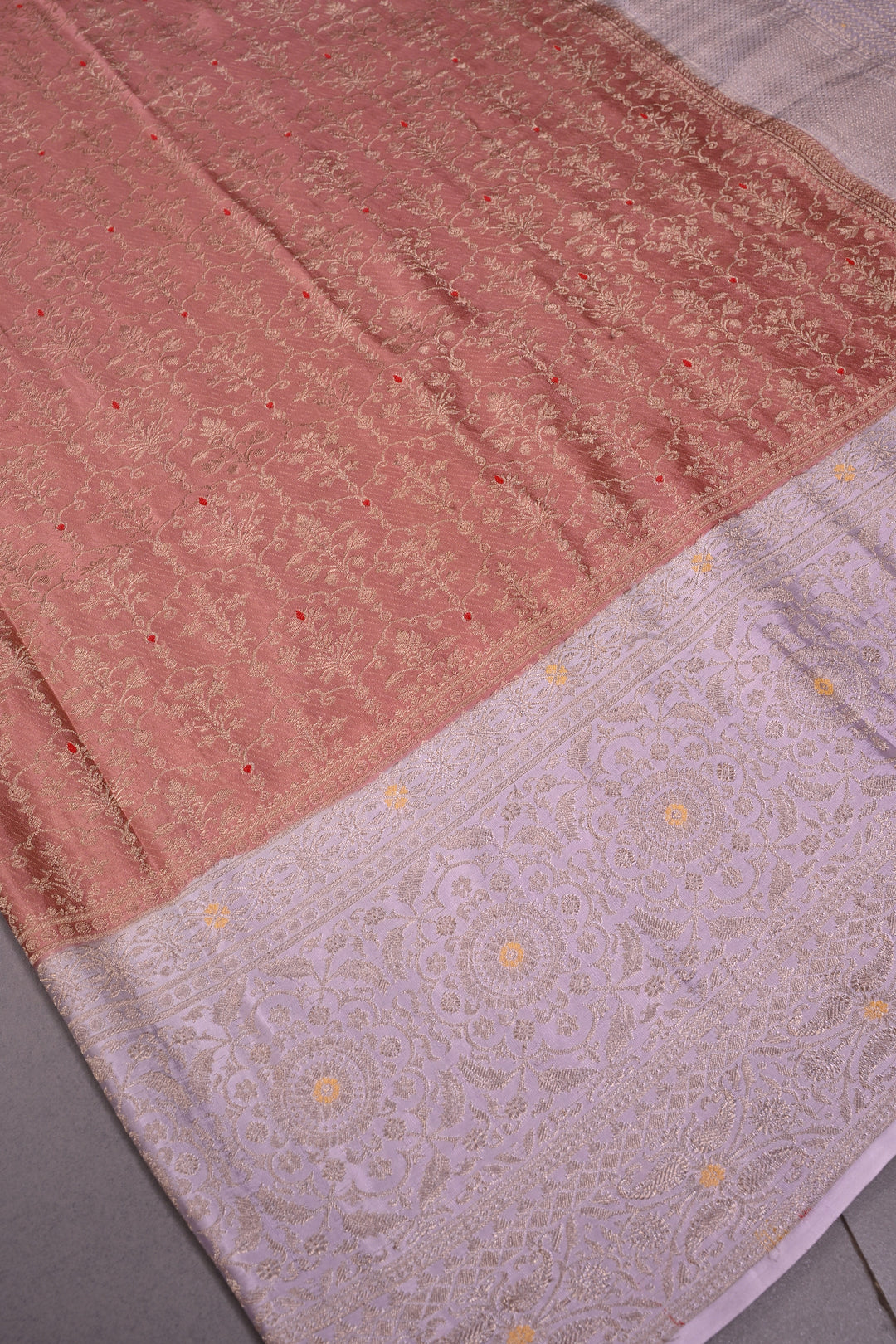 Dusky Peach Mysore Silk Saree with Meenakari Persian Brocade Jaal and Contrast Zari Border | SILK MARK CERTIFIED | SHOBITAM