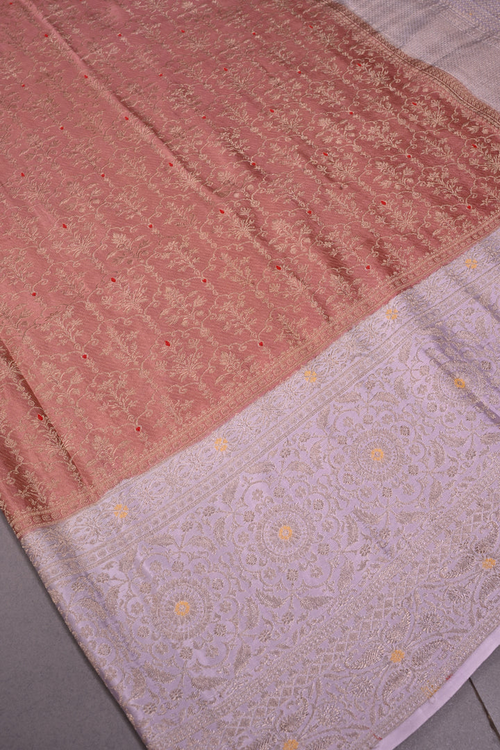 Dusky Peach Mysore Silk Saree with Meenakari Persian Brocade Jaal and Contrast Zari Border | SILK MARK CERTIFIED | SHOBITAM