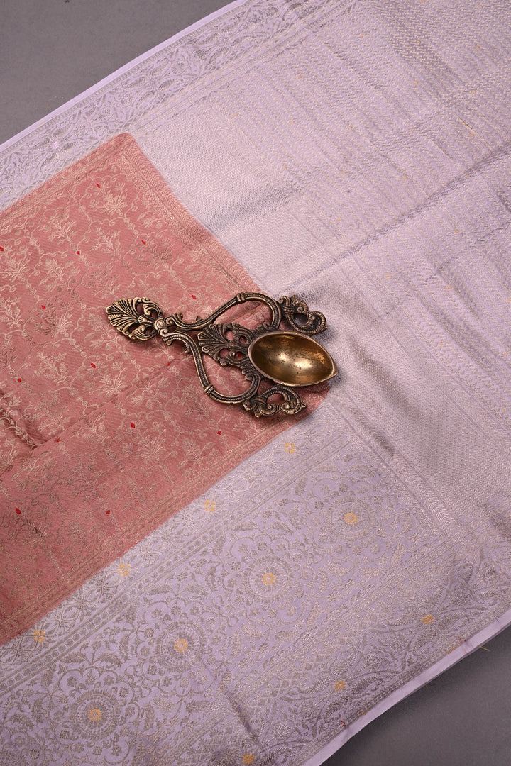 Dusky Peach Mysore Silk Saree with Meenakari Persian Brocade Jaal and Contrast Zari Border | SILK MARK CERTIFIED | SHOBITAM