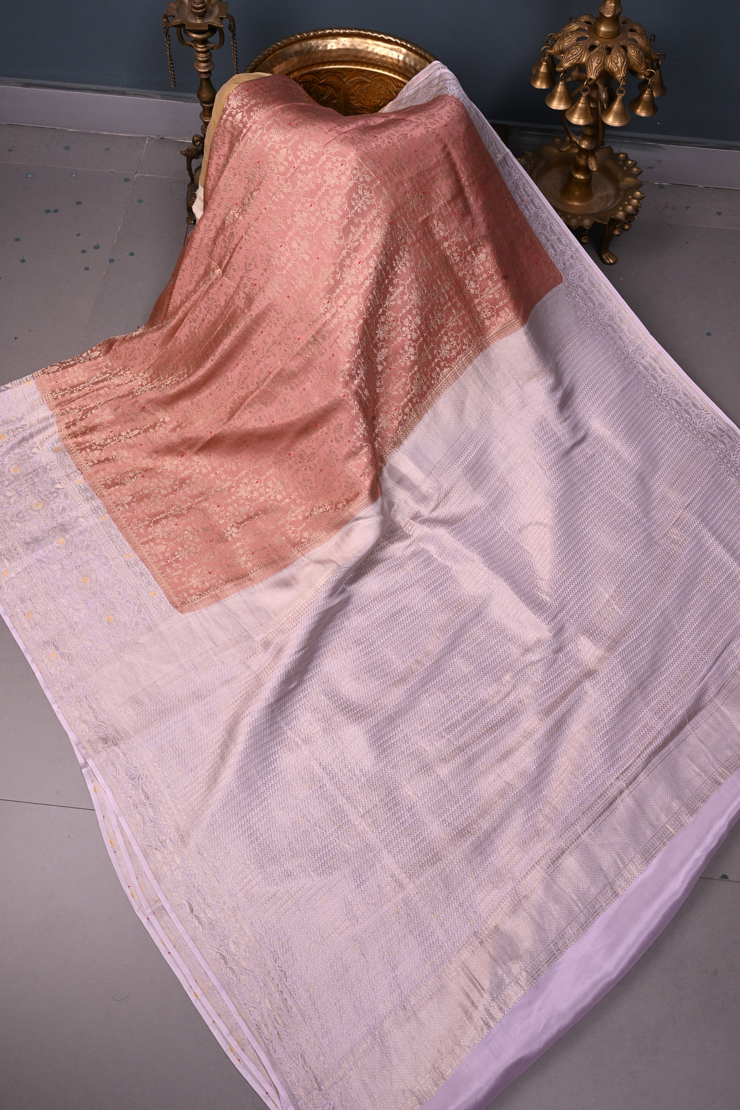 Dusky Peach Mysore Silk Saree with Meenakari Persian Brocade Jaal and Contrast Zari Border | SILK MARK CERTIFIED | SHOBITAM