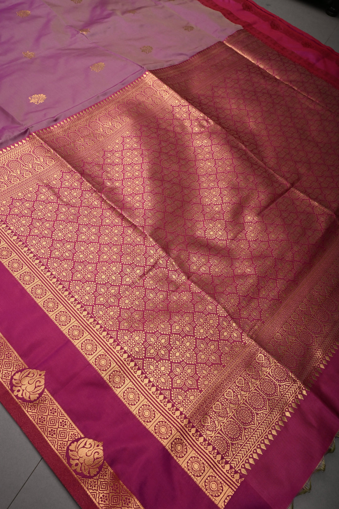 Mauve Dual tone Kanchi Semi Silk Saree with Zari Buttas and Contrast Zari Border | SHOBITAM