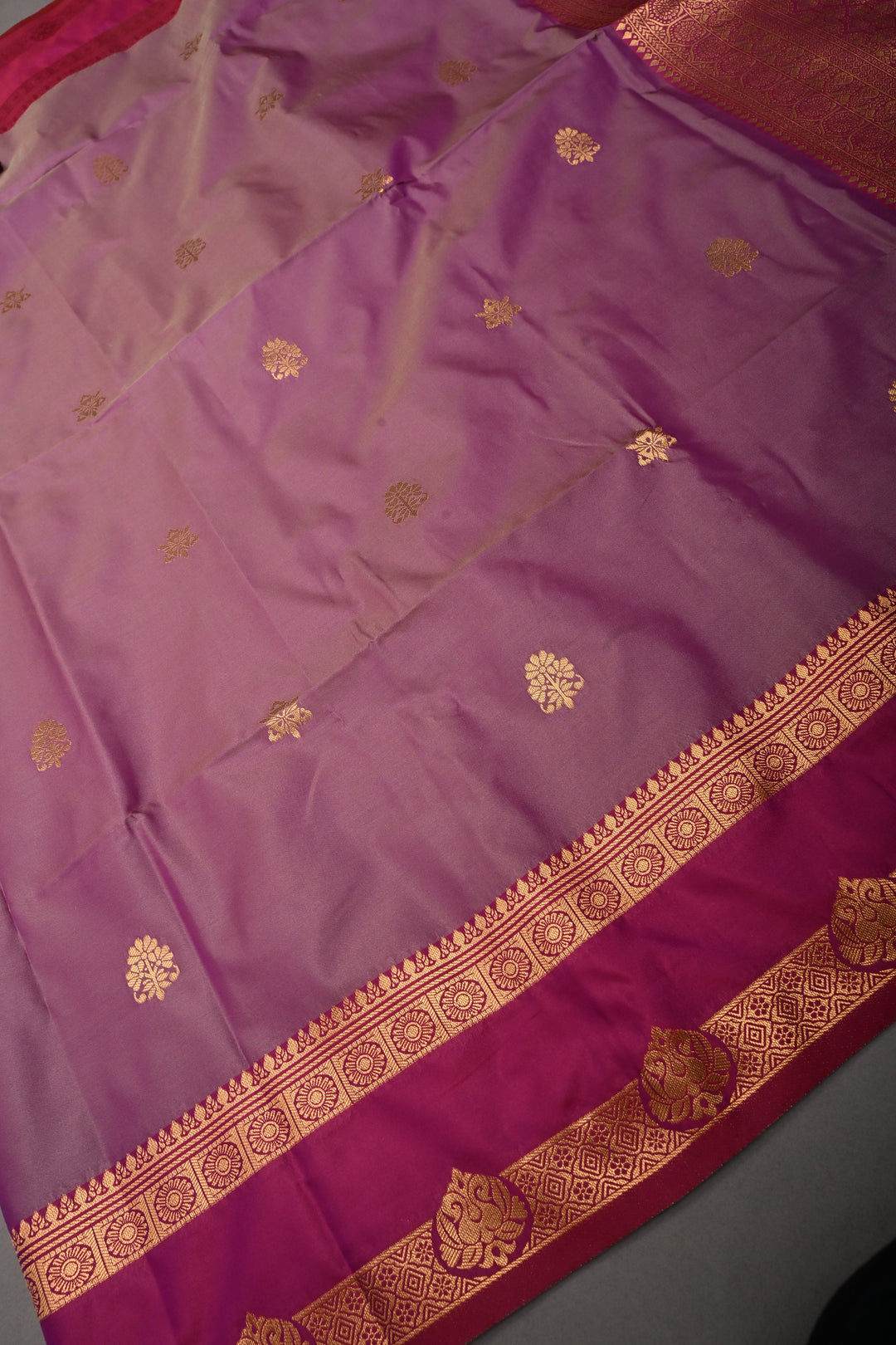 Mauve Dual tone Kanchi Semi Silk Saree with Zari Buttas and Contrast Zari Border | SHOBITAM