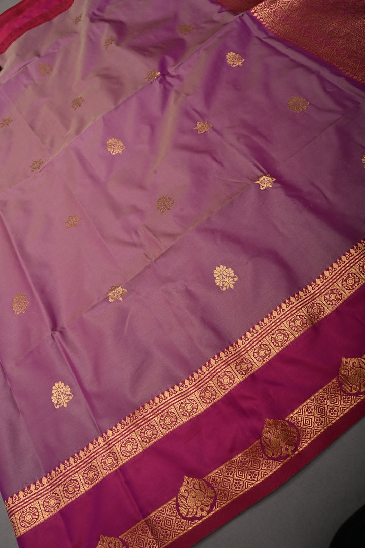 Mauve Dual tone Kanchi Semi Silk Saree with Zari Buttas and Contrast Zari Border | SHOBITAM