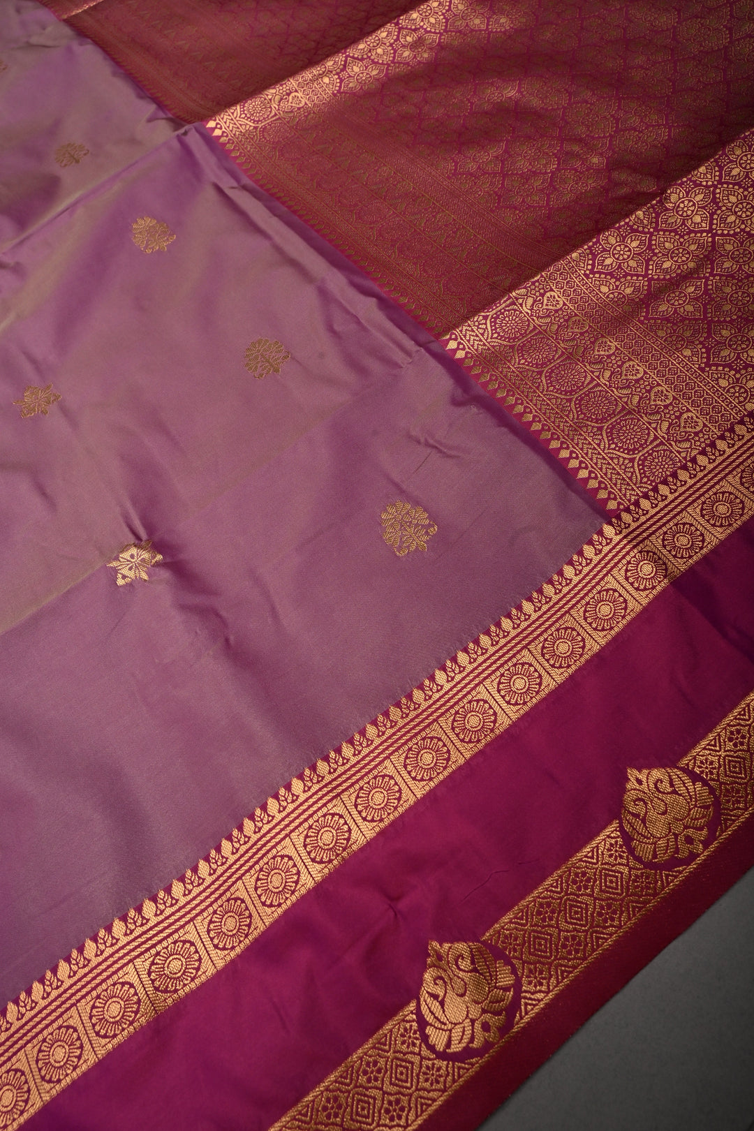 Mauve Dual tone Kanchi Semi Silk Saree with Zari Buttas and Contrast Zari Border | SHOBITAM