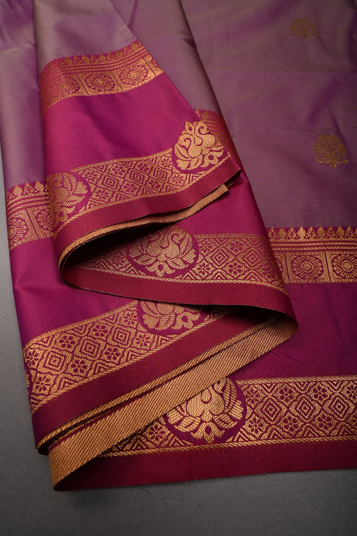 Mauve Dual tone Kanchi Semi Silk Saree with Zari Buttas and Contrast Zari Border | SHOBITAM