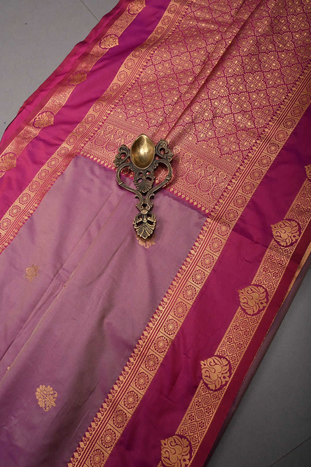 Mauve Dual tone Kanchi Semi Silk Saree with Zari Buttas and Contrast Zari Border | SHOBITAM
