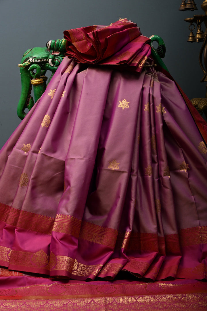 Mauve Dual tone Kanchi Semi Silk Saree with Zari Buttas and Contrast Zari Border | SHOBITAM