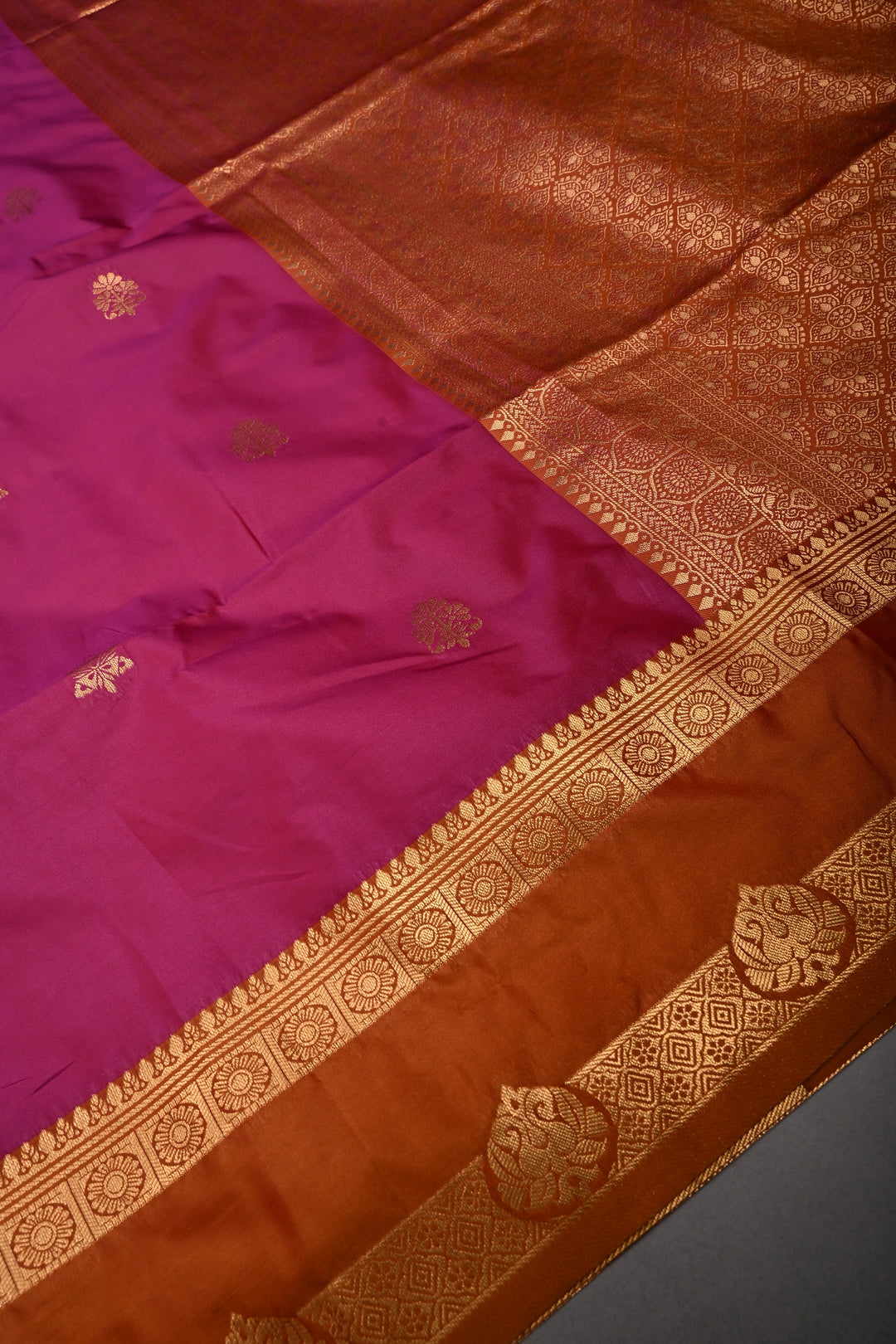 Rani Pink Dual tone Kanchi Semi Silk Saree with Zari Buttas and Contrast Zari Border | SHOBITAM