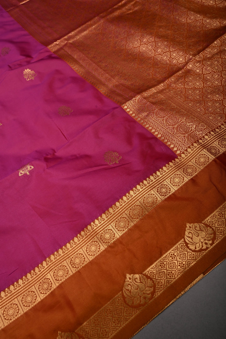 Rani Pink Dual tone Kanchi Semi Silk Saree with Zari Buttas and Contrast Zari Border | SHOBITAM