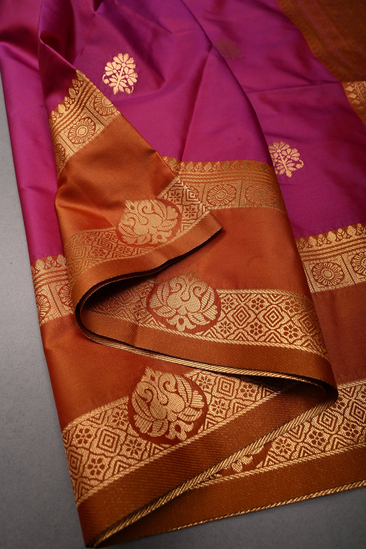 Rani Pink Dual tone Kanchi Semi Silk Saree with Zari Buttas and Contrast Zari Border | SHOBITAM