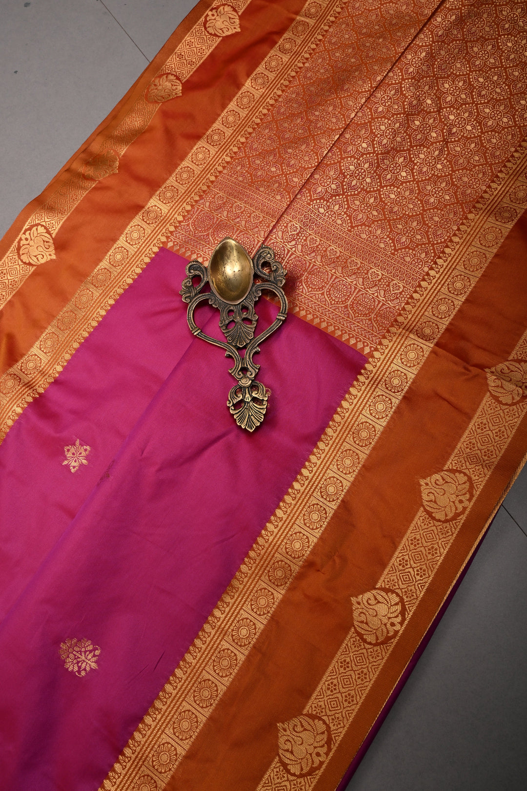 Rani Pink Dual tone Kanchi Semi Silk Saree with Zari Buttas and Contrast Zari Border | SHOBITAM