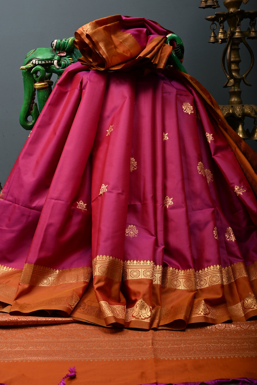 Rani Pink Dual tone Kanchi Semi Silk Saree with Zari Buttas and Contrast Zari Border | SHOBITAM