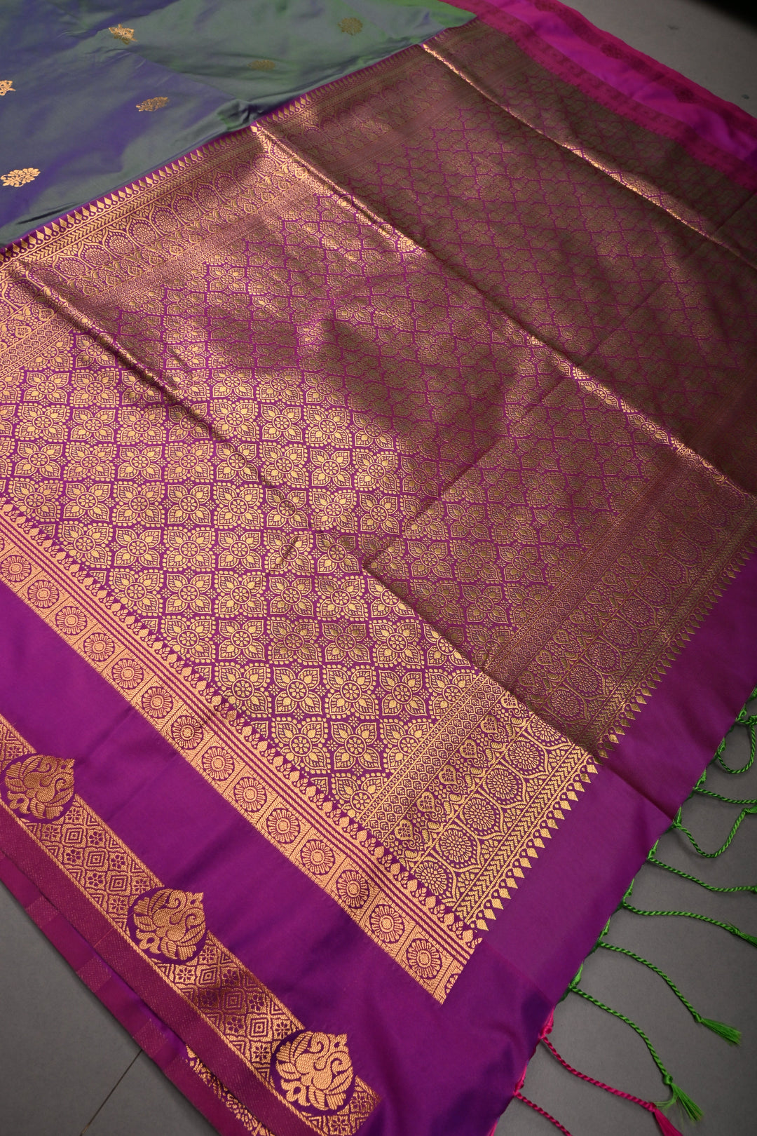 Green-Blue Dual tone Kanchi Semi Silk Saree with Zari Buttas and Contrast Rettaipet Zari Border | SHOBITAM