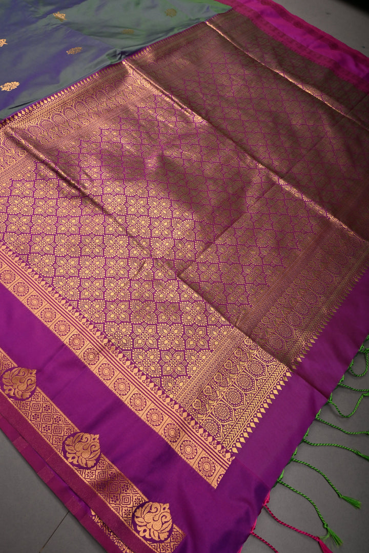 Green-Blue Dual tone Kanchi Semi Silk Saree with Zari Buttas and Contrast Rettaipet Zari Border | SHOBITAM