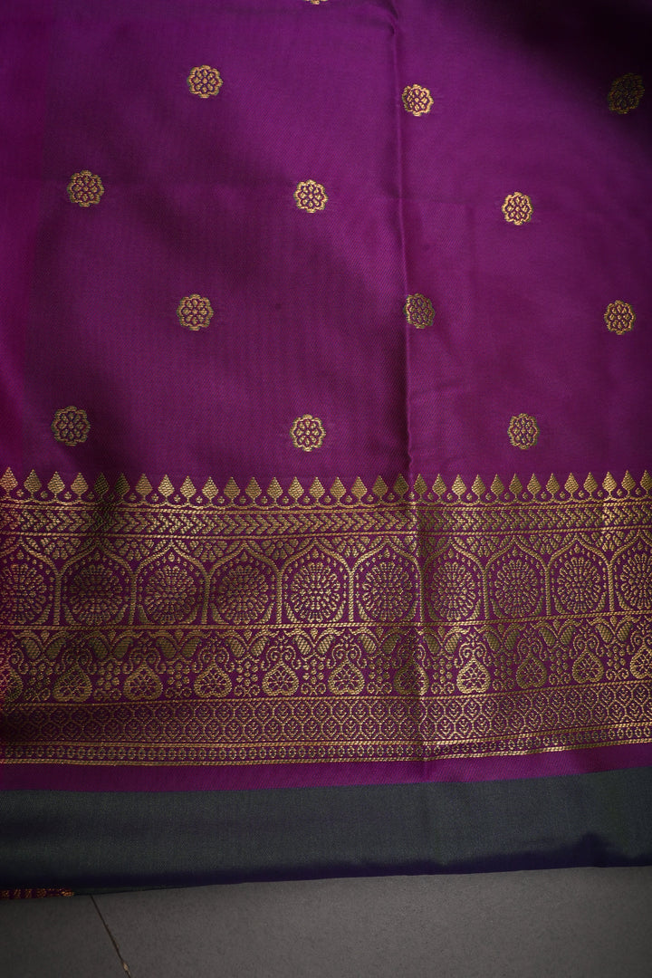 Green-Blue Dual tone Kanchi Semi Silk Saree with Zari Buttas and Contrast Rettaipet Zari Border | SHOBITAM
