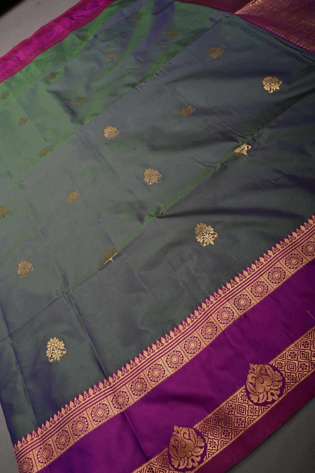 Green-Blue Dual tone Kanchi Semi Silk Saree with Zari Buttas and Contrast Rettaipet Zari Border | SHOBITAM