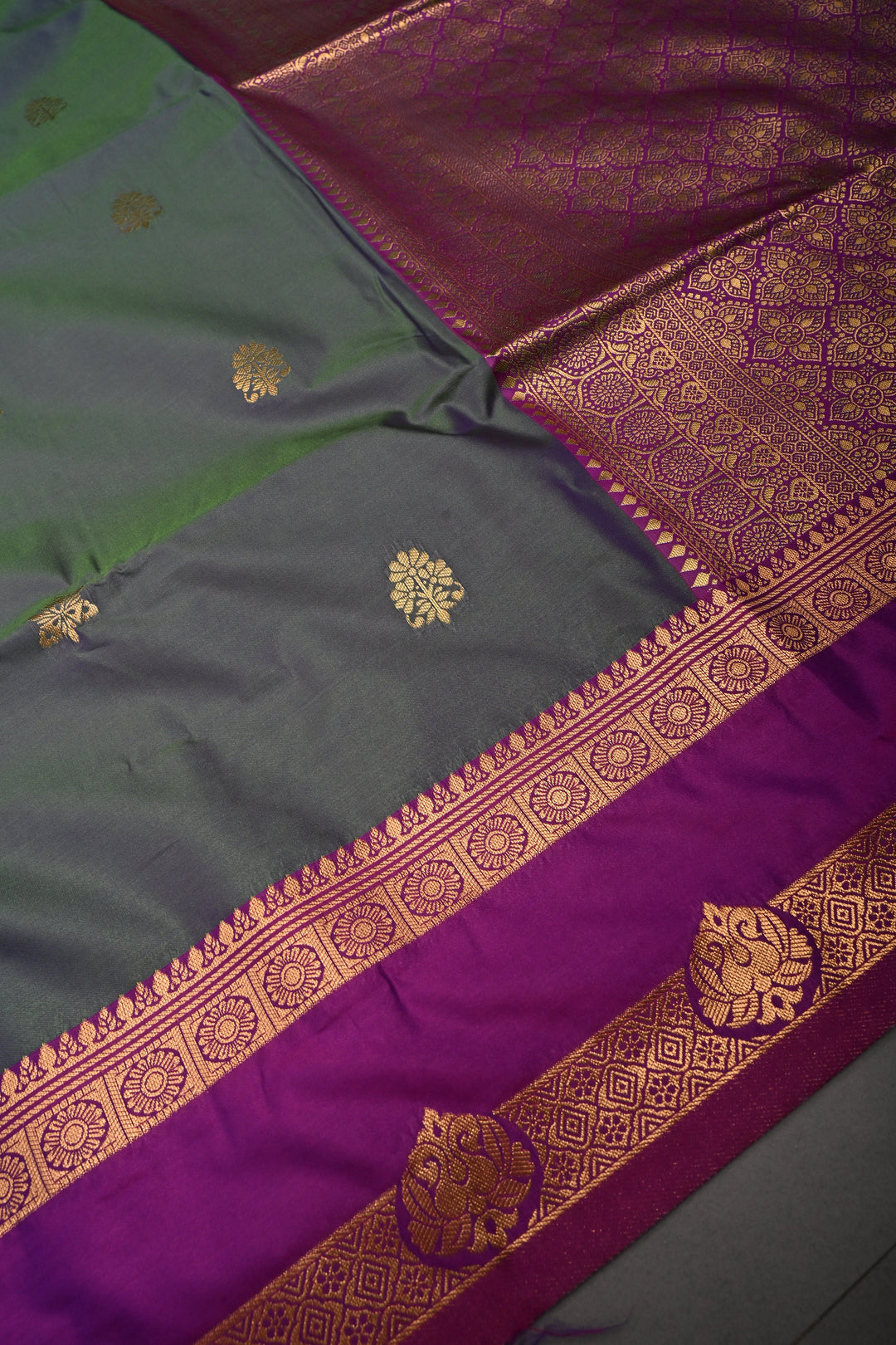 Green-Blue Dual tone Kanchi Semi Silk Saree with Zari Buttas and Contrast Rettaipet Zari Border | SHOBITAM