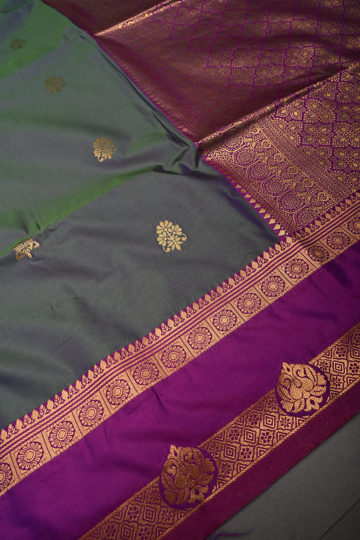 Green-Blue Dual tone Kanchi Semi Silk Saree with Zari Buttas and Contrast Rettaipet Zari Border | SHOBITAM