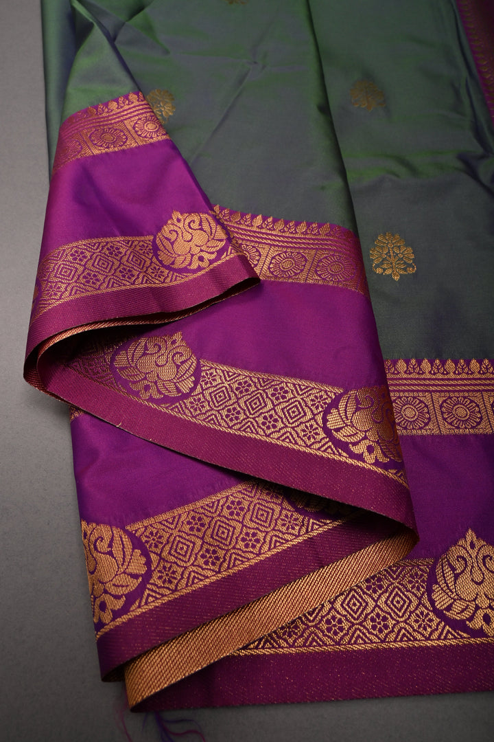 Green-Blue Dual tone Kanchi Semi Silk Saree with Zari Buttas and Contrast Rettaipet Zari Border | SHOBITAM