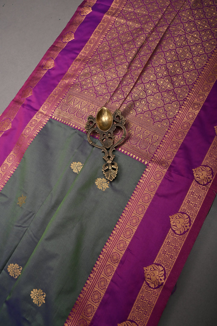 Green-Blue Dual tone Kanchi Semi Silk Saree with Zari Buttas and Contrast Rettaipet Zari Border | SHOBITAM
