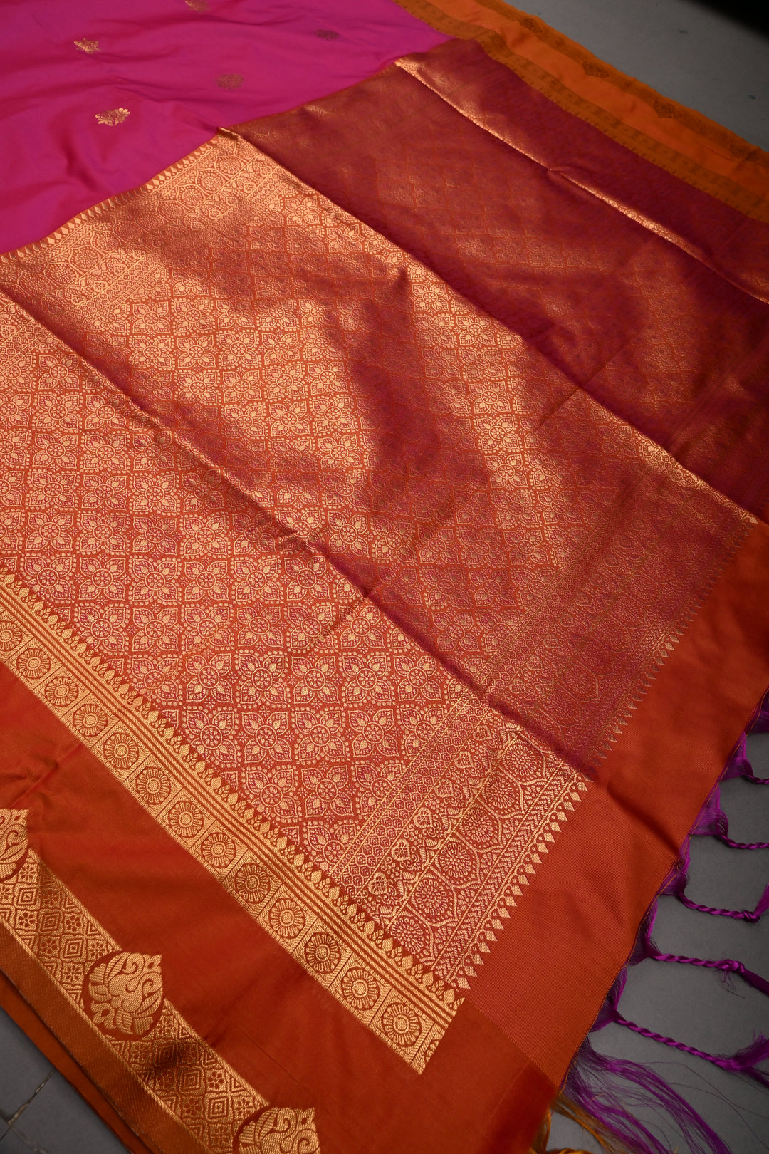 Pink Dual tone Kanchi Semi Silk Saree with Zari Buttas and Contrast Rettaipet Zari Border | SHOBITAM