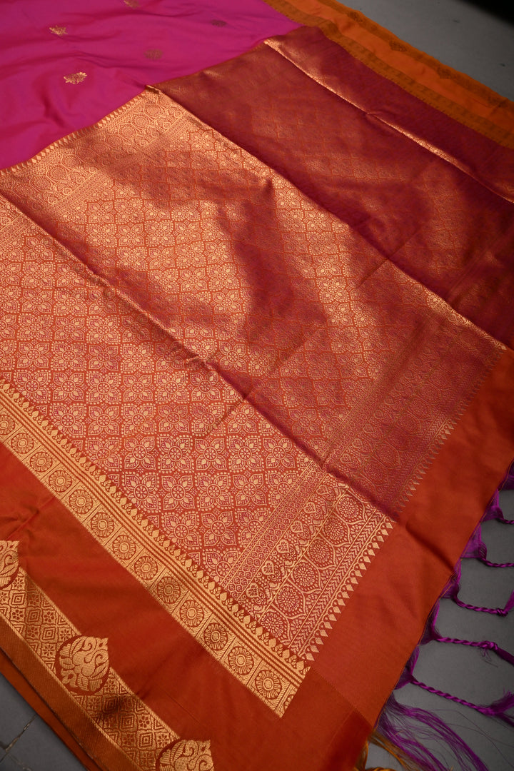 Pink Dual tone Kanchi Semi Silk Saree with Zari Buttas and Contrast Rettaipet Zari Border | SHOBITAM