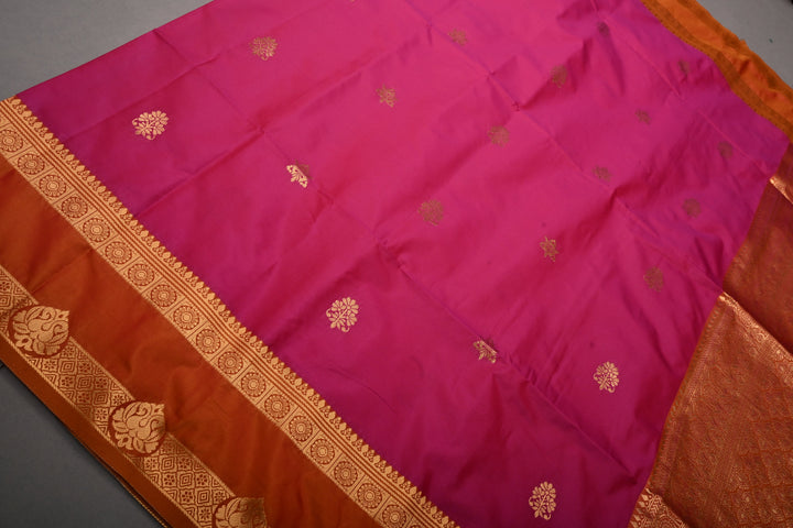 Pink Dual tone Kanchi Semi Silk Saree with Zari Buttas and Contrast Rettaipet Zari Border | SHOBITAM