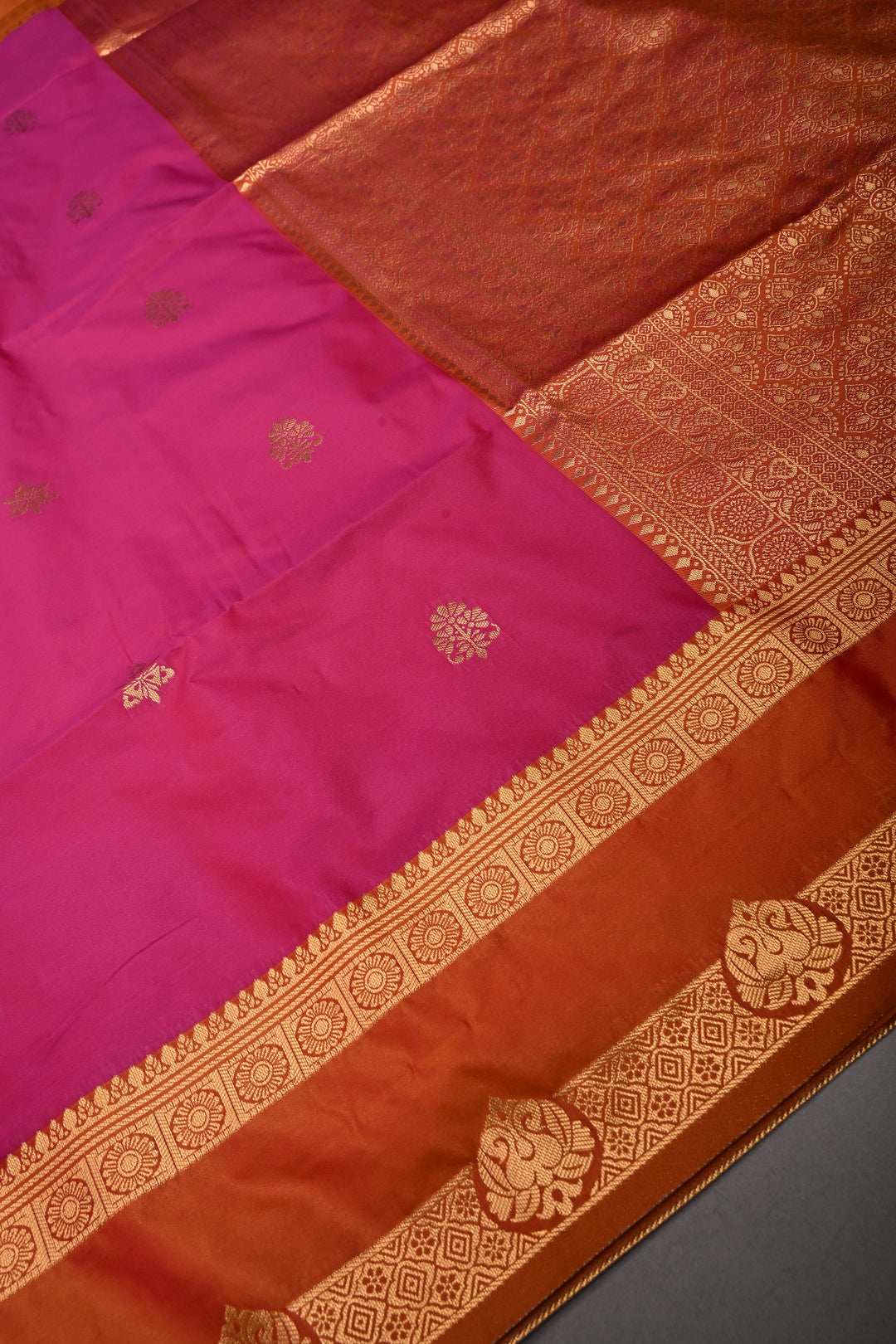Pink Dual tone Kanchi Semi Silk Saree with Zari Buttas and Contrast Rettaipet Zari Border | SHOBITAM