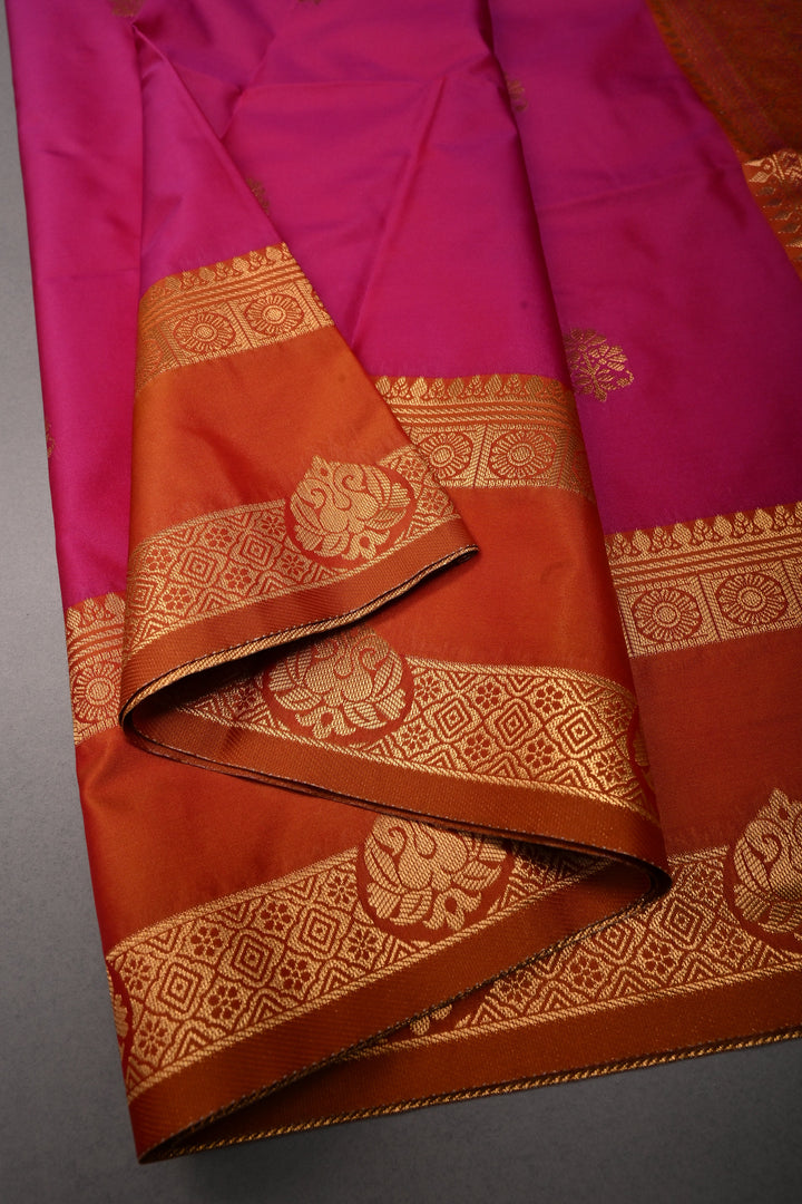 Pink Dual tone Kanchi Semi Silk Saree with Zari Buttas and Contrast Rettaipet Zari Border | SHOBITAM