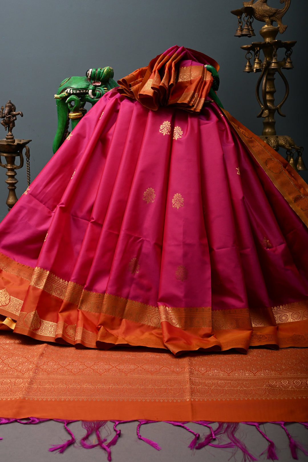 Pink Dual tone Kanchi Semi Silk Saree with Zari Buttas and Contrast Rettaipet Zari Border | SHOBITAM