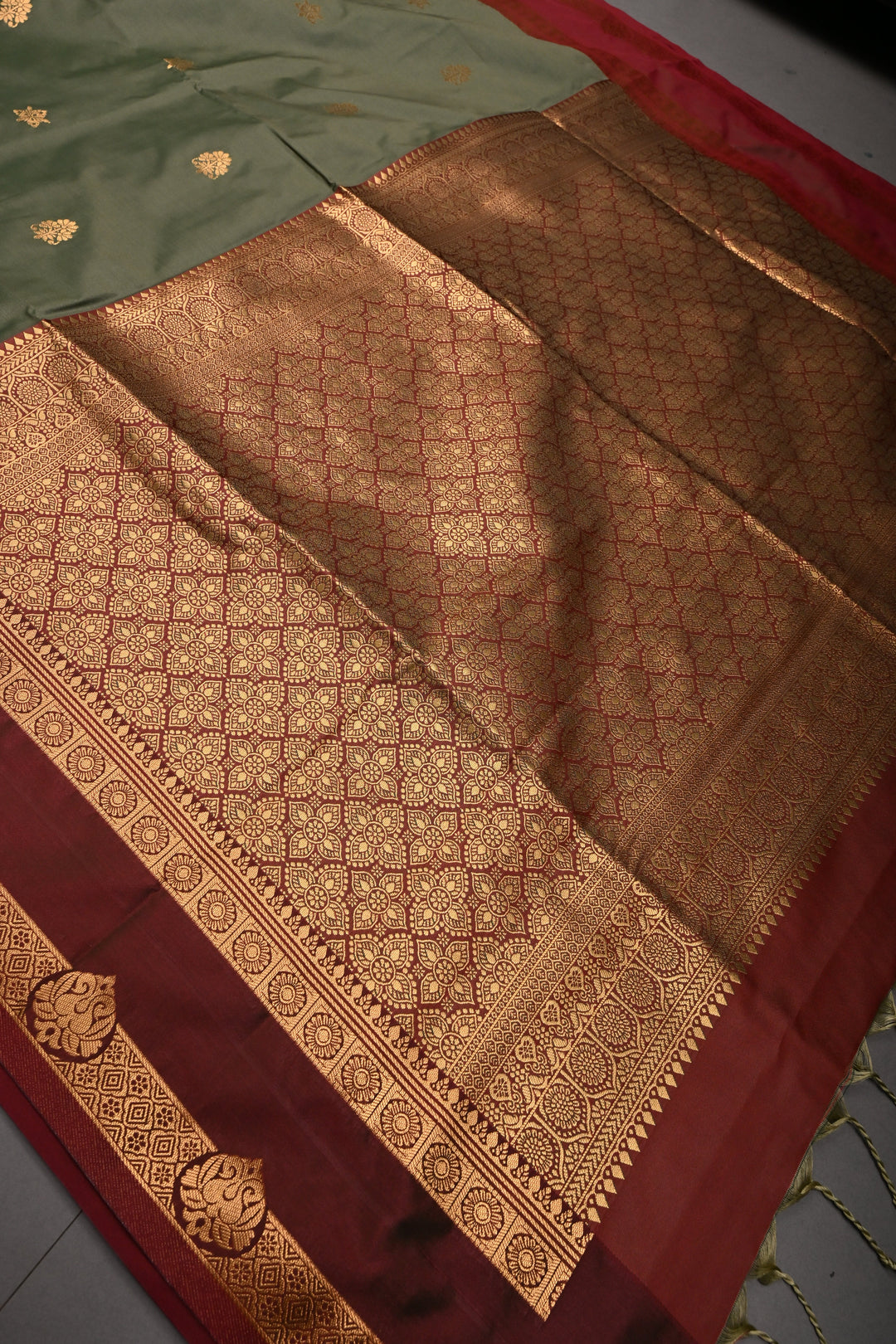 Cactus Green Kanchi Semi Silk Saree with Zari Buttas and Contrast Rettaipet Zari Border | SHOBITAM