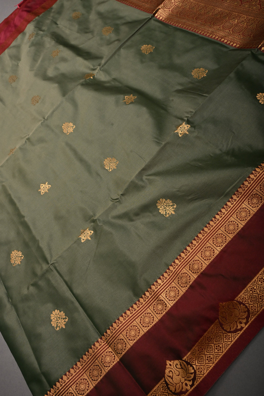 Cactus Green Kanchi Semi Silk Saree with Zari Buttas and Contrast Rettaipet Zari Border | SHOBITAM