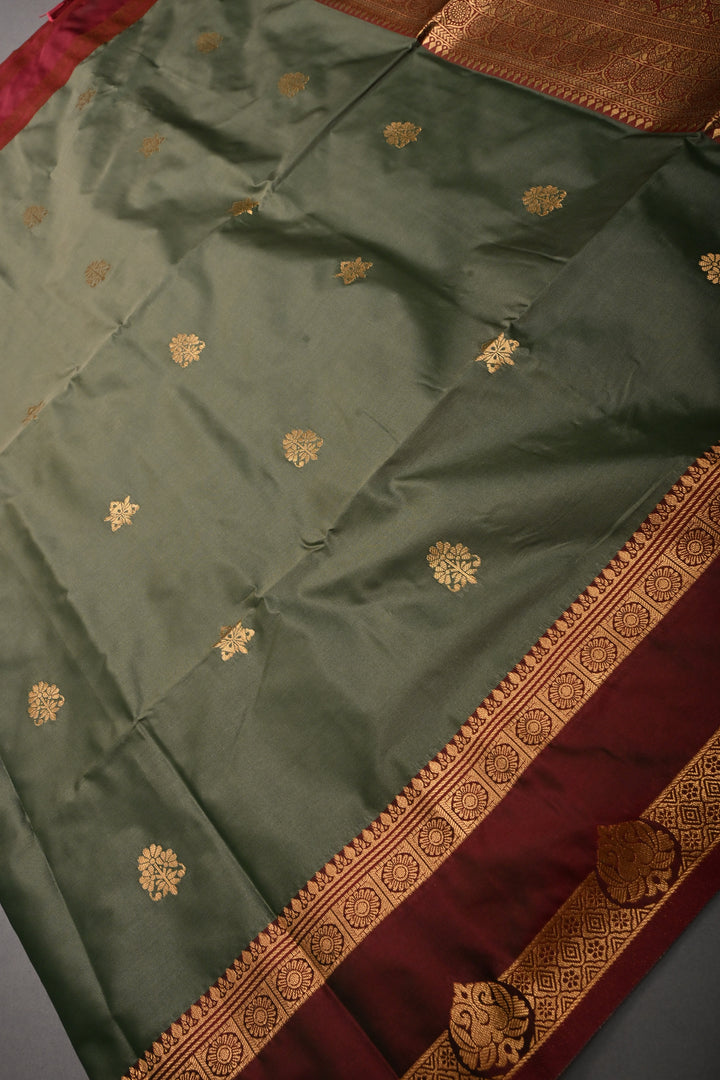Cactus Green Kanchi Semi Silk Saree with Zari Buttas and Contrast Rettaipet Zari Border | SHOBITAM