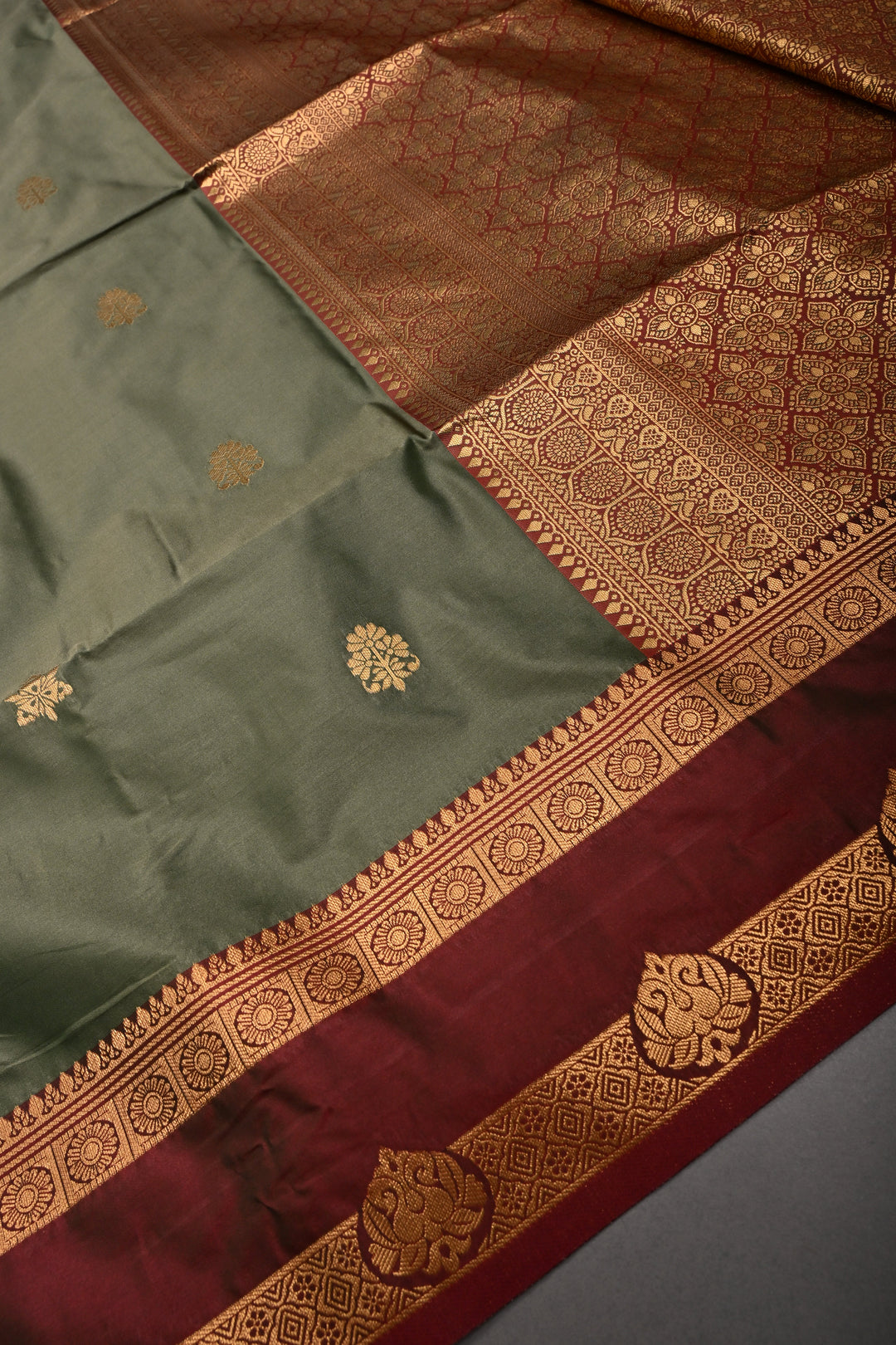 Cactus Green Kanchi Semi Silk Saree with Zari Buttas and Contrast Rettaipet Zari Border | SHOBITAM