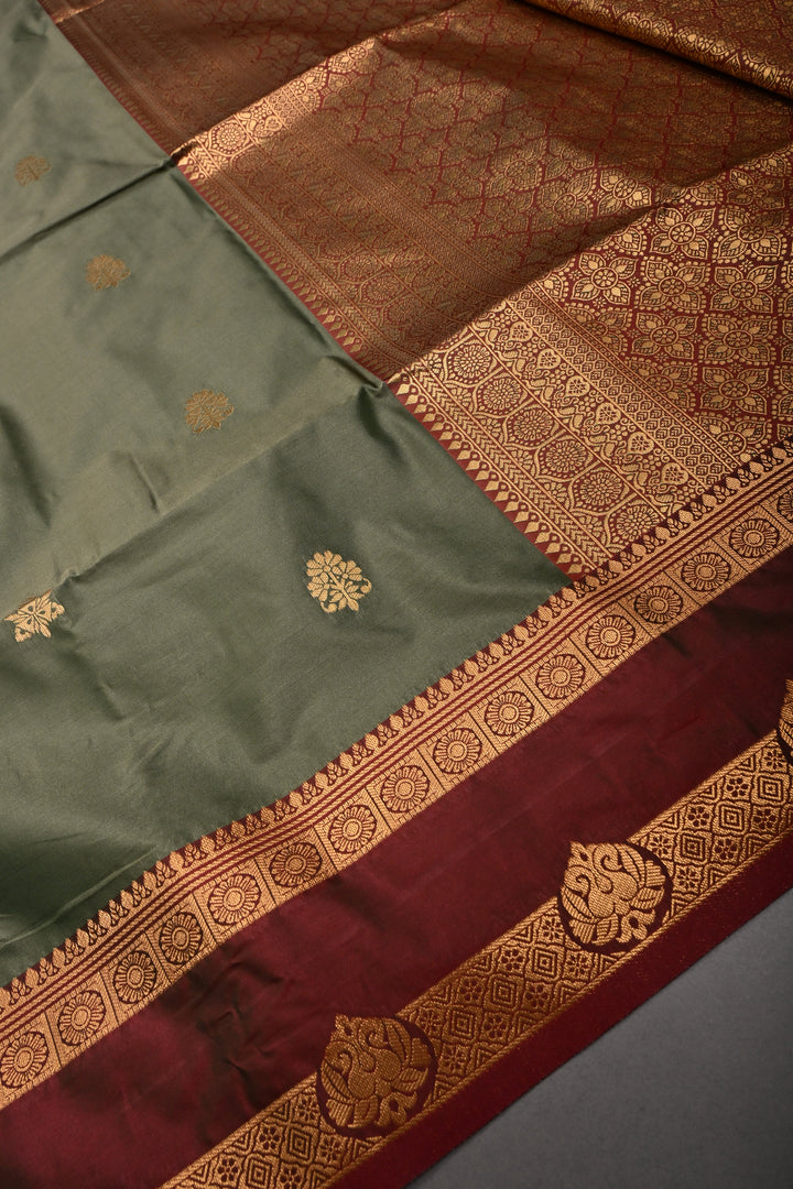 Cactus Green Kanchi Semi Silk Saree with Zari Buttas and Contrast Rettaipet Zari Border | SHOBITAM