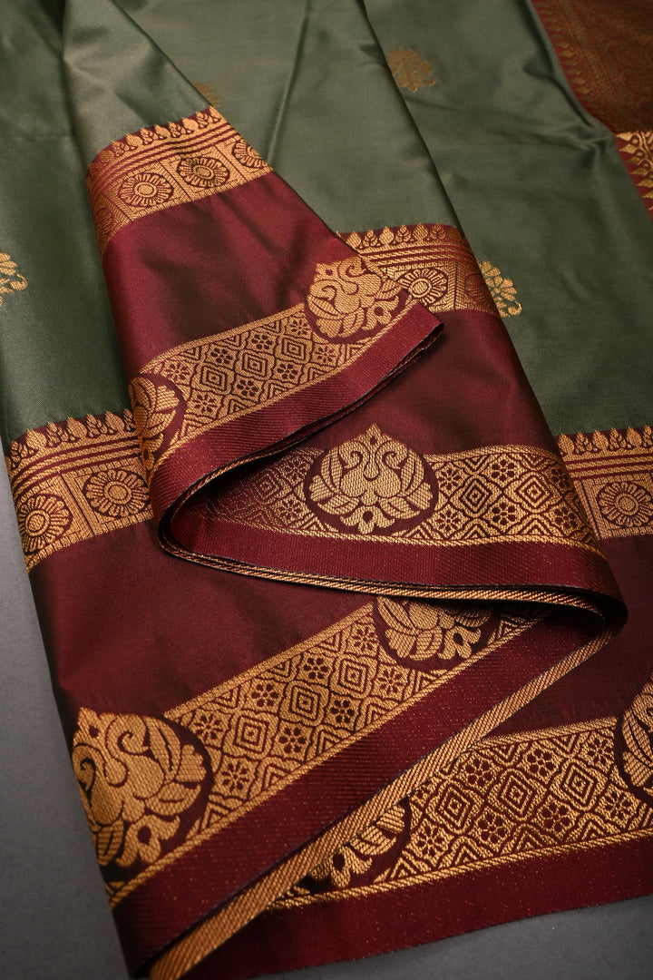 Cactus Green Kanchi Semi Silk Saree with Zari Buttas and Contrast Rettaipet Zari Border | SHOBITAM