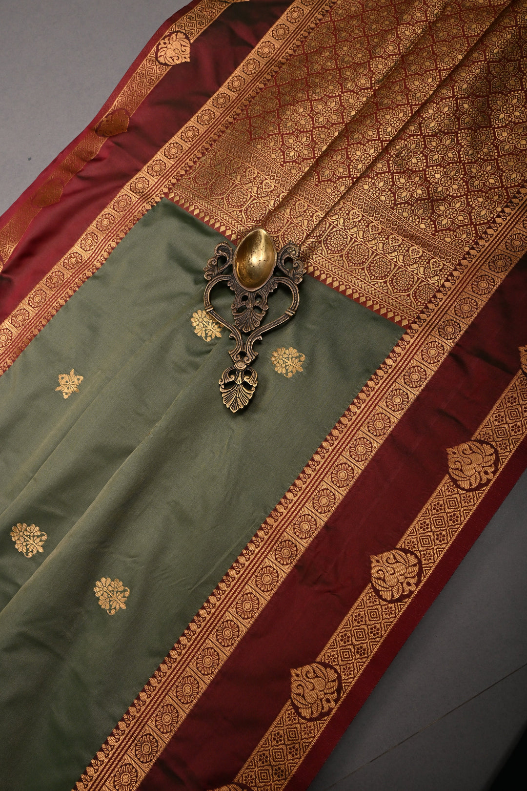 Cactus Green Kanchi Semi Silk Saree with Zari Buttas and Contrast Rettaipet Zari Border | SHOBITAM