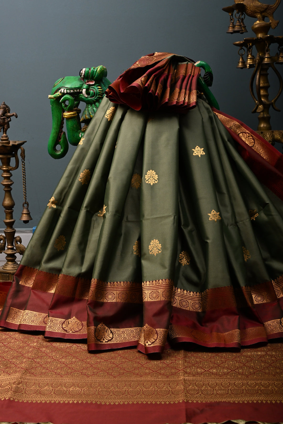 Cactus Green Kanchi Semi Silk Saree with Zari Buttas and Contrast Rettaipet Zari Border | SHOBITAM