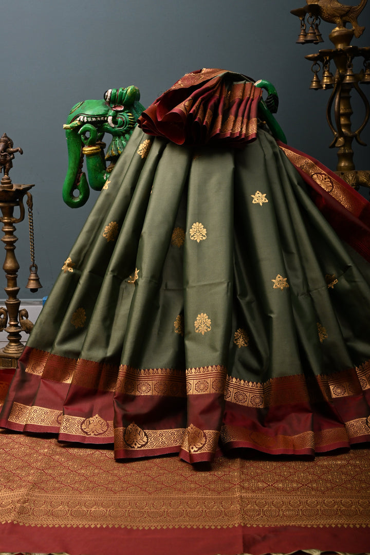Cactus Green Kanchi Semi Silk Saree with Zari Buttas and Contrast Rettaipet Zari Border | SHOBITAM