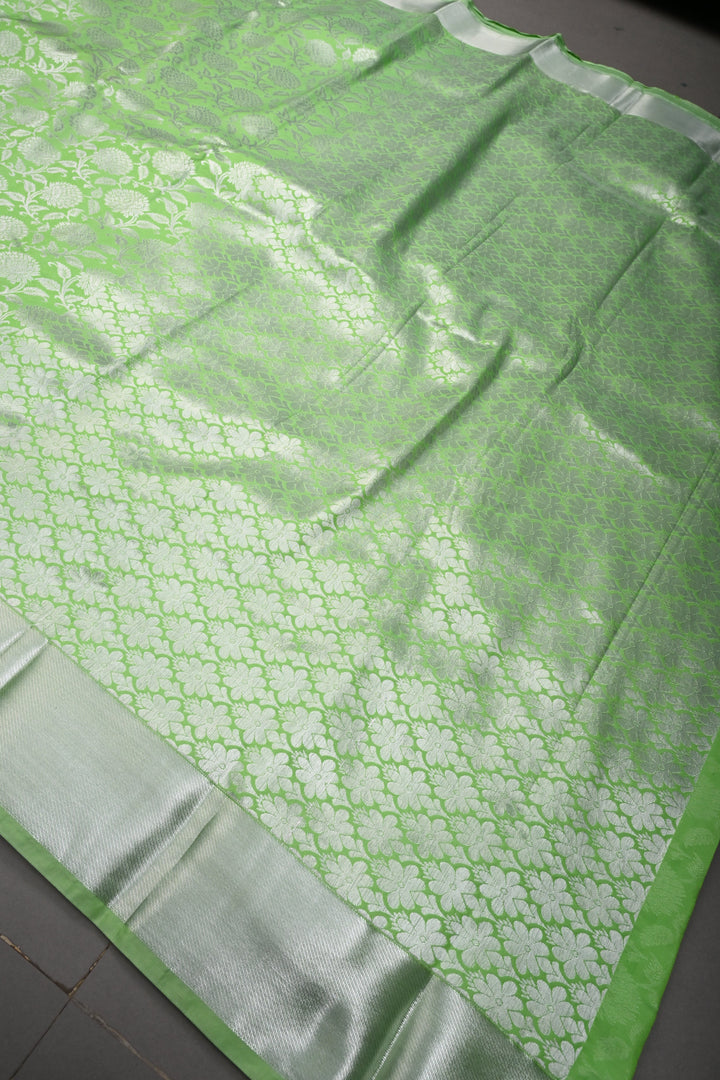 Neon Green Kanjivaram Soft Semi Silk Saree with Silver Floral Brocade Jaal and Zari Border | SHOBITAM